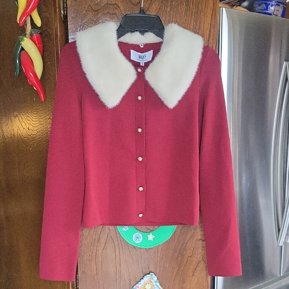 Wayf Burgundy Sweater with Cream Fur Trim Cardigan